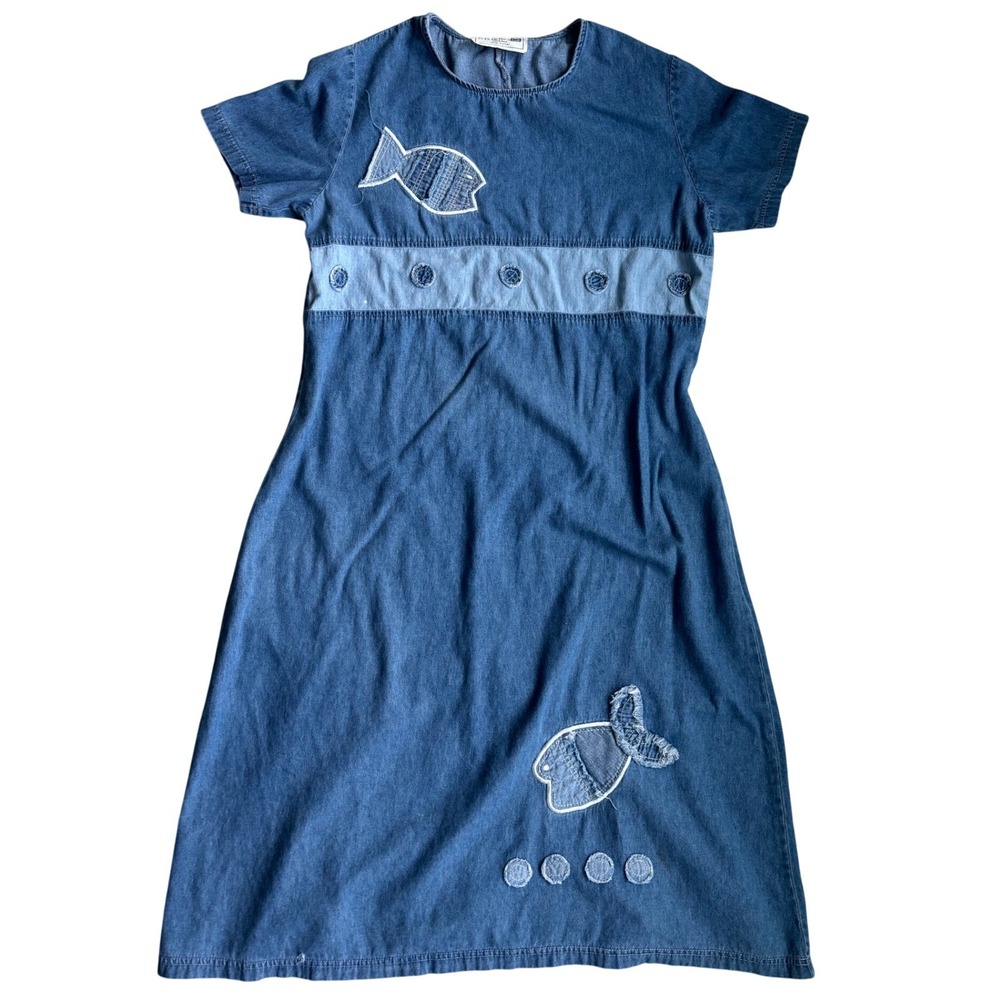 Vintage Studio G Denim Fish Patchwork Midi Dress Grannycore Quirky Cottage